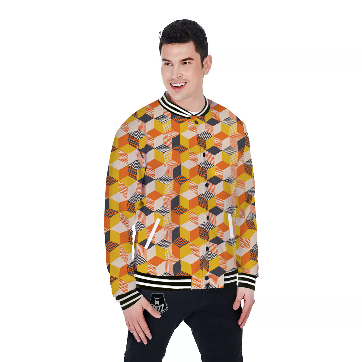 Geometric 60s Print Pattern Baseball Jacket-grizzshop