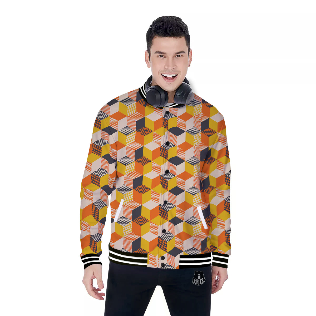 Geometric 60s Print Pattern Baseball Jacket-grizzshop