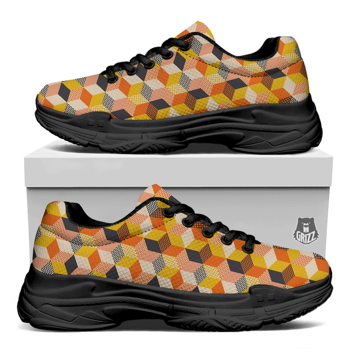 Geometric 60s Print Pattern Black Chunky Shoes-grizzshop