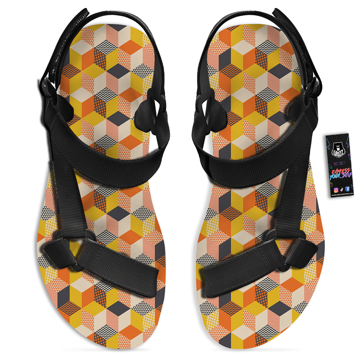 Geometric 60s Print Pattern Black Open Toe Sandals-grizzshop