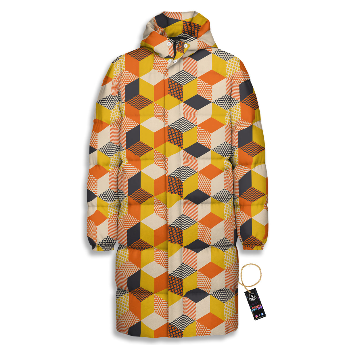 Geometric 60s Print Pattern Long Down Jacket-grizzshop