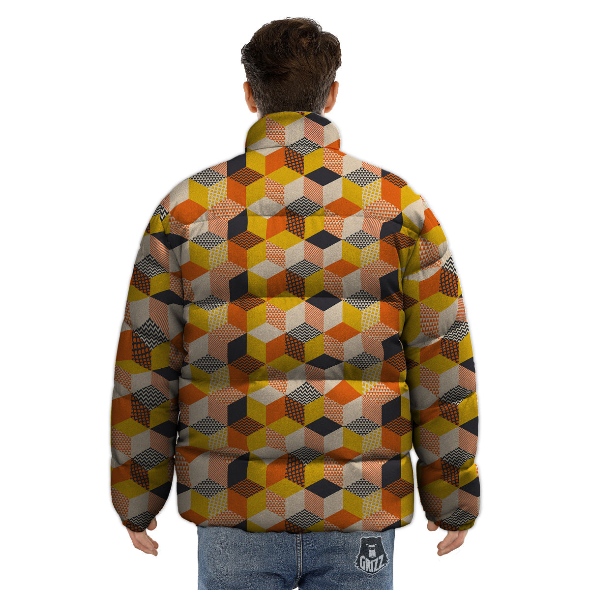 Geometric 60s Print Pattern Puffer Jacket-grizzshop