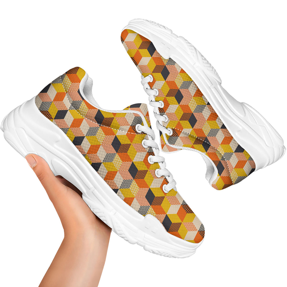 Geometric 60s Print Pattern White Chunky Shoes-grizzshop