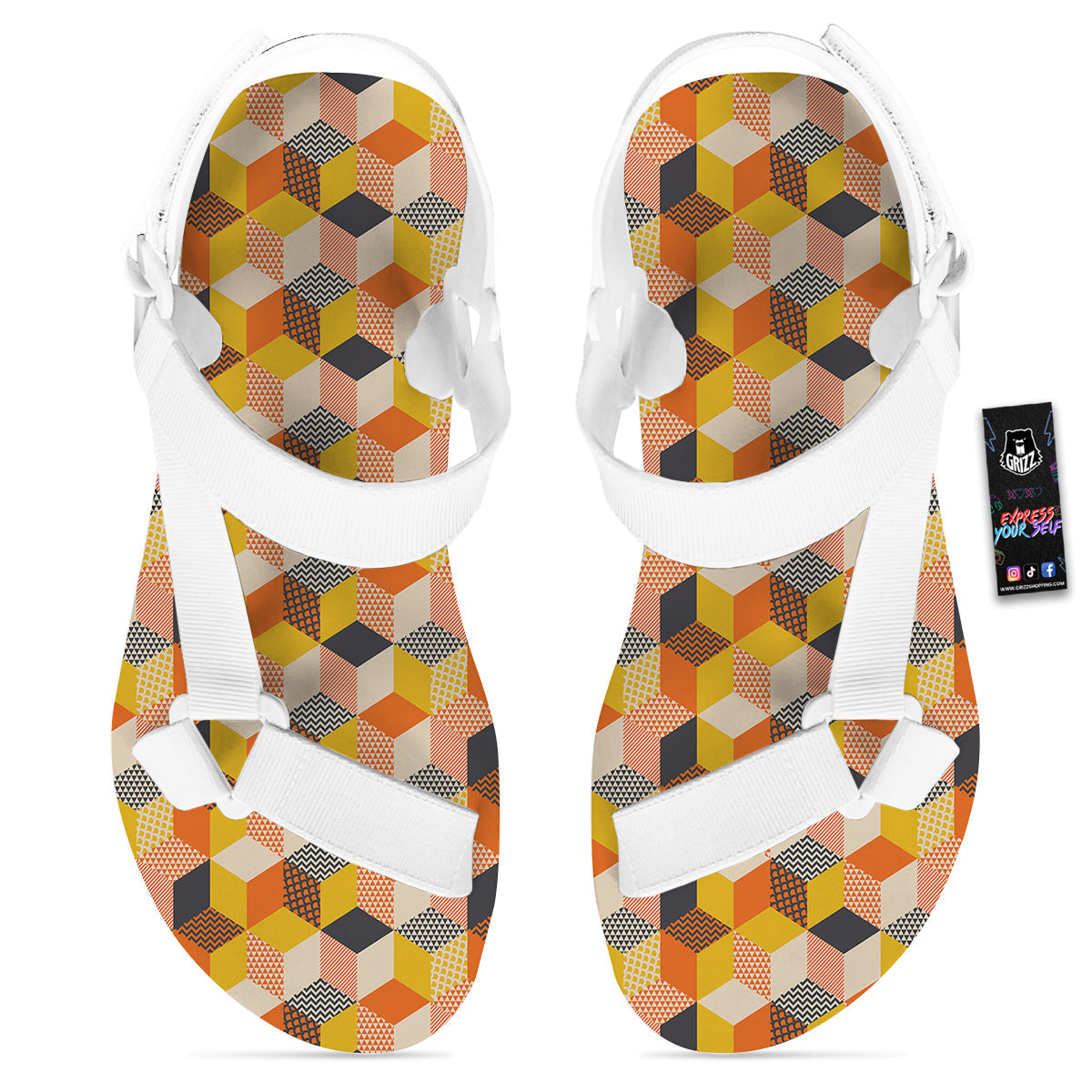 Geometric 60s Print Pattern White Open Toe Sandals-grizzshop
