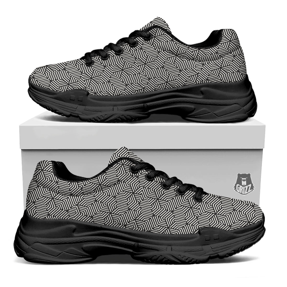 Geometric Abstract Polygonal Print Black Chunky Shoes-grizzshop