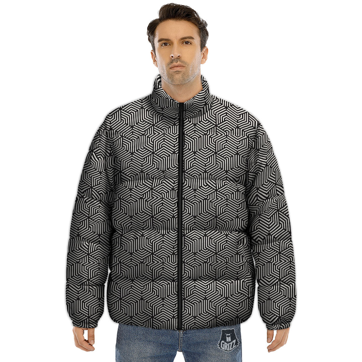 Geometric Abstract Polygonal Print Puffer Jacket-grizzshop