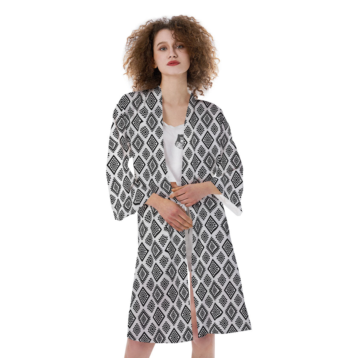 Geometric African White And Black Print Kimono-grizzshop