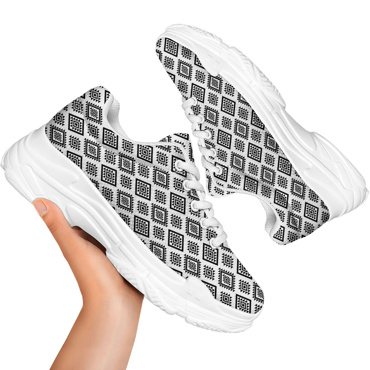 Geometric African White And Black Print White Chunky Shoes-grizzshop