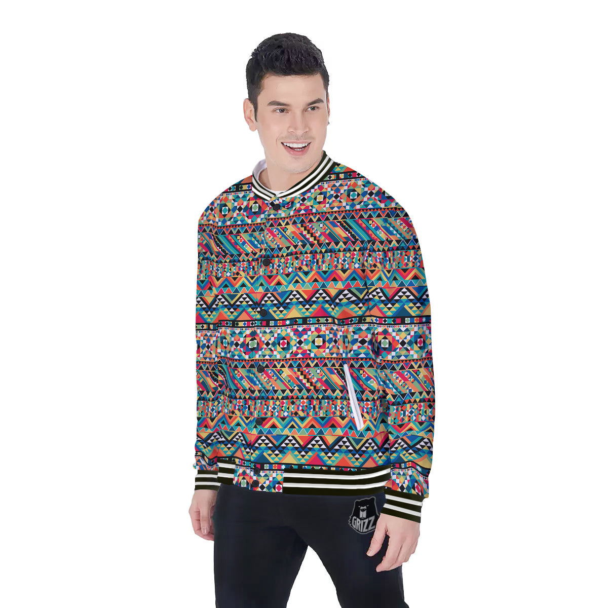 Geometric Aztec Colorful Print Pattern Baseball Jacket-grizzshop