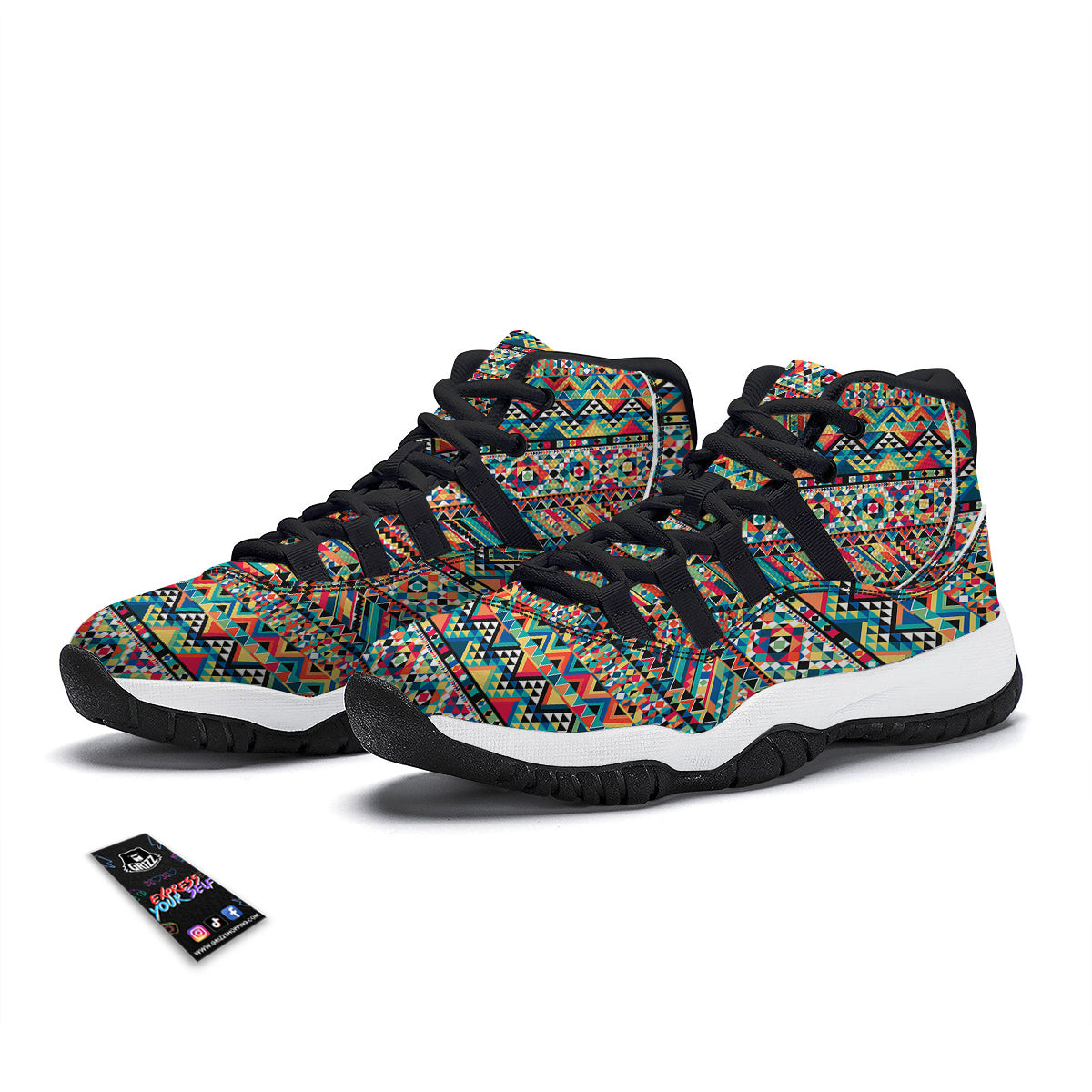 Geometric Aztec Colorful Print Pattern Black Bball Shoes-grizzshop