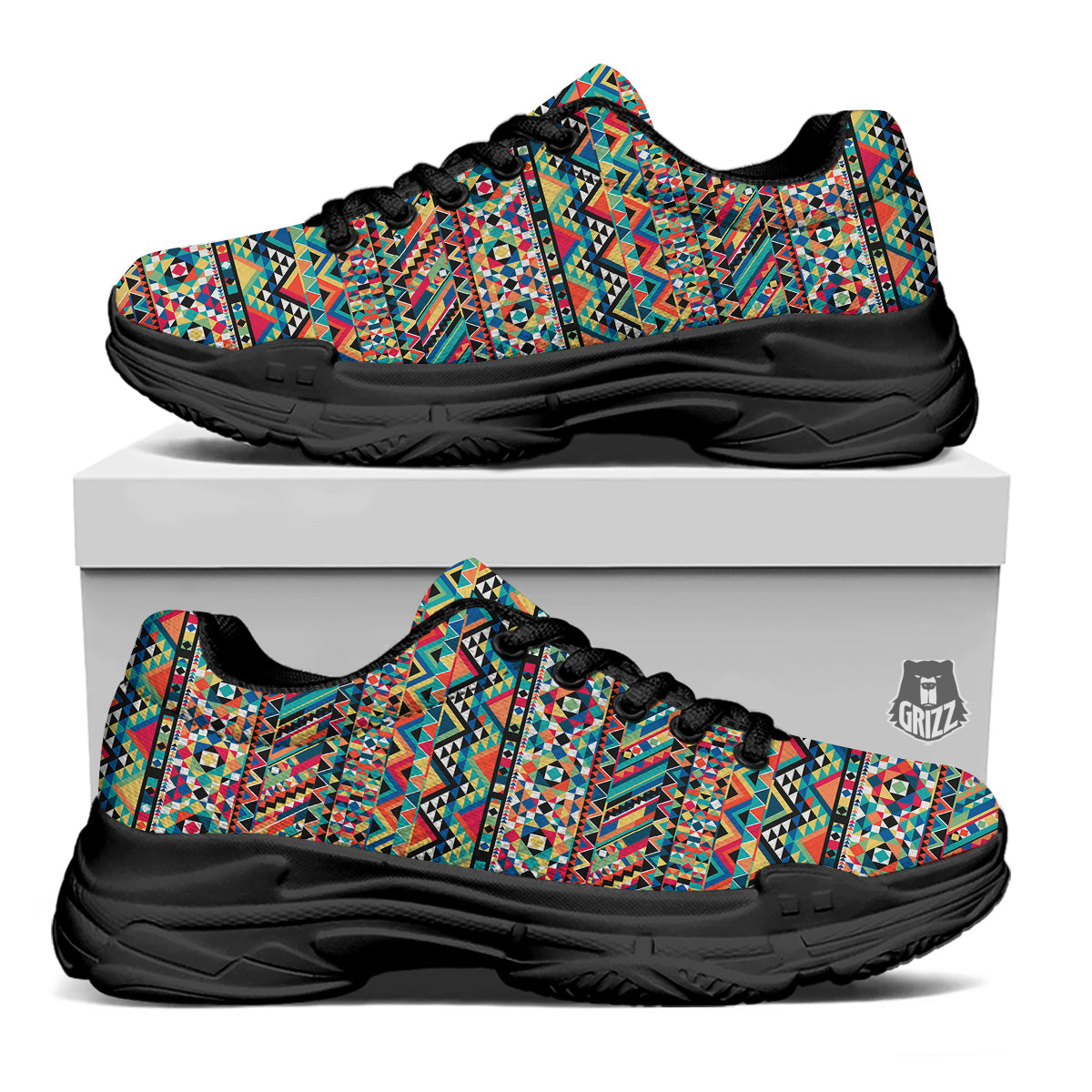 Geometric Aztec Colorful Print Pattern Black Chunky Shoes-grizzshop