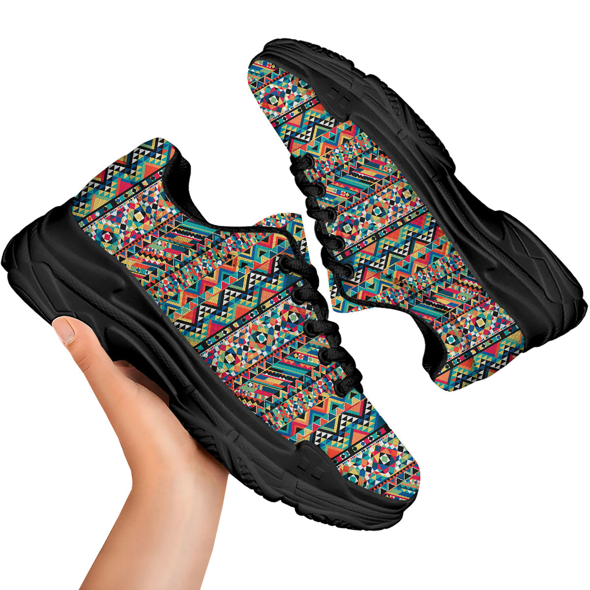 Geometric Aztec Colorful Print Pattern Black Chunky Shoes-grizzshop