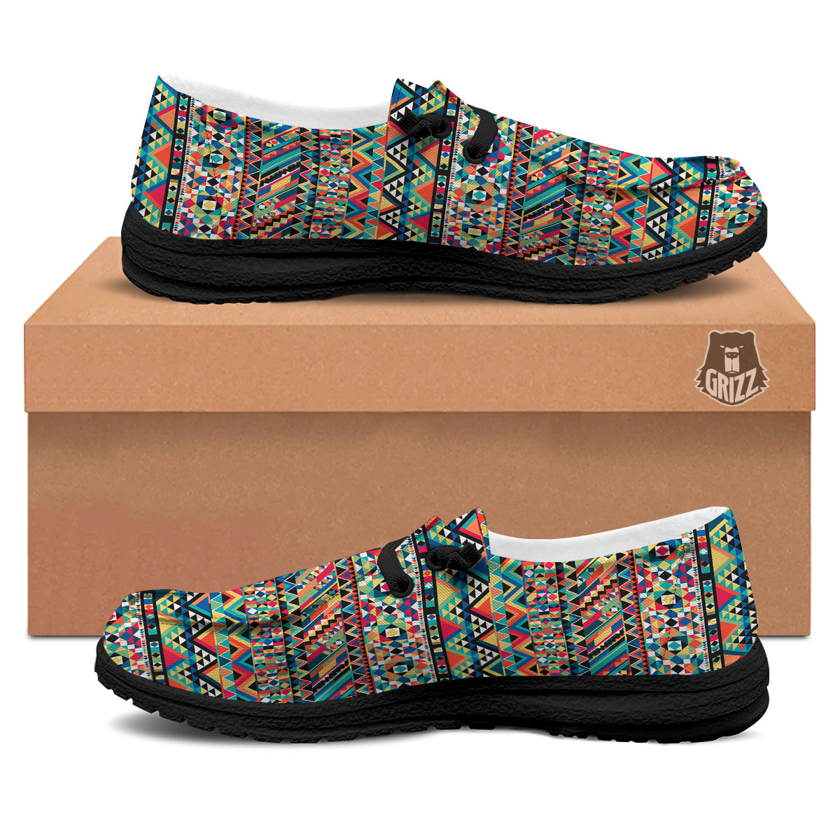 Geometric Aztec Colorful Print Pattern Black Loafers-grizzshop