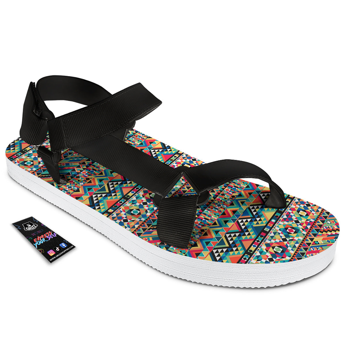 Geometric Aztec Colorful Print Pattern Black Open Toe Sandals-grizzshop