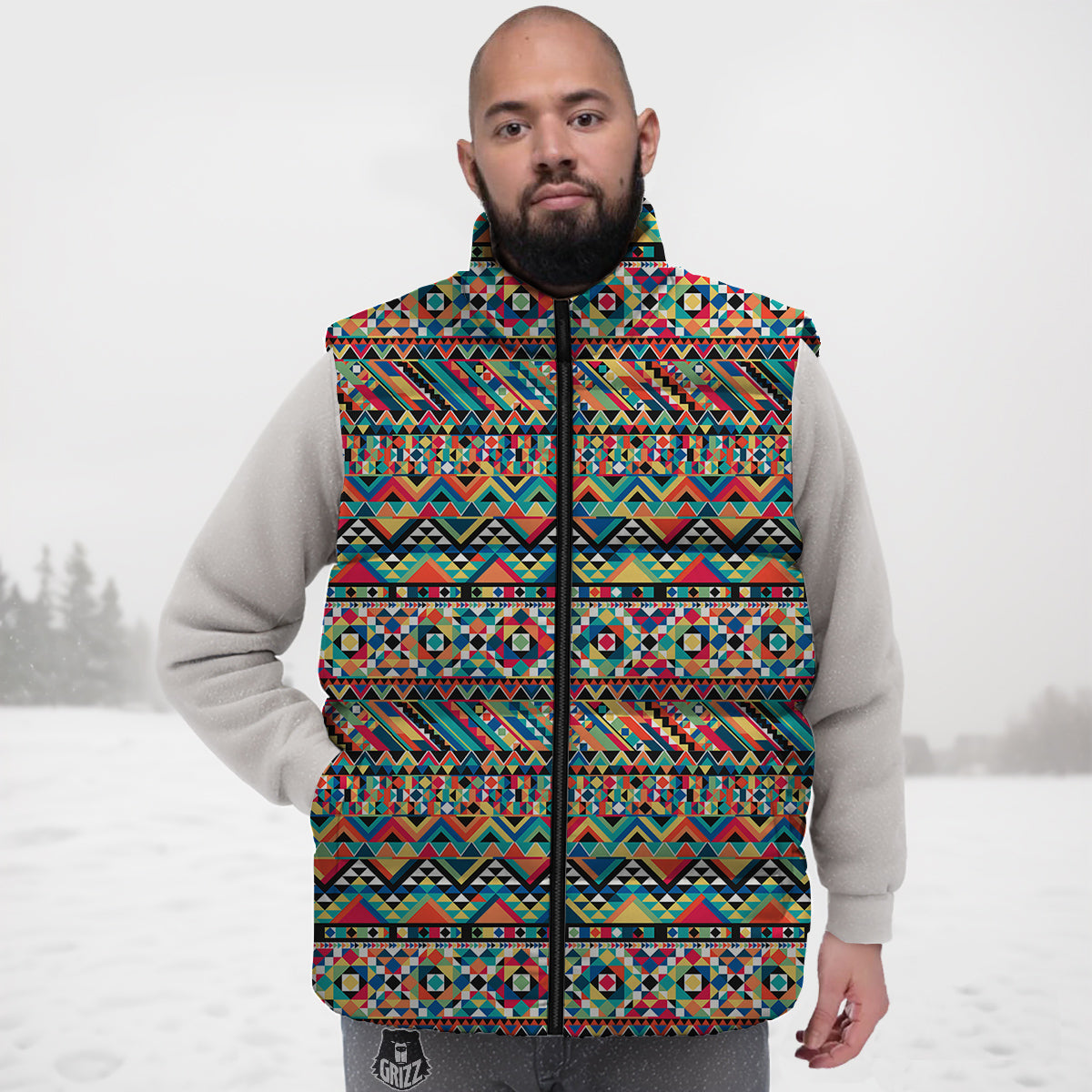 Geometric Aztec Colorful Print Pattern Down Vest