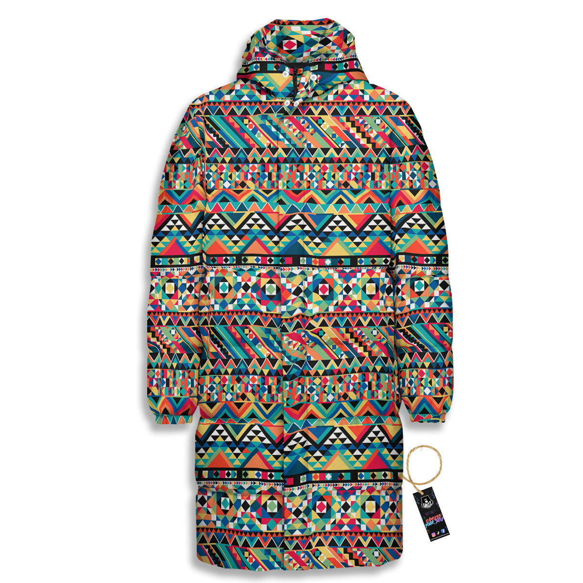 Geometric Aztec Colorful Print Pattern Long Down Jacket-grizzshop
