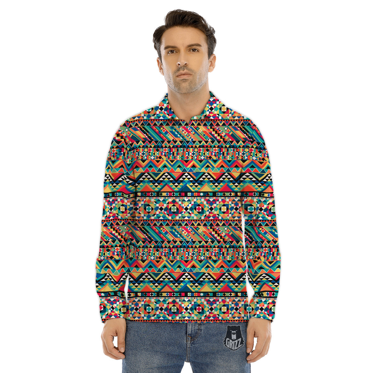 Geometric Aztec Colorful Print Pattern Men's Dress Shirts-grizzshop