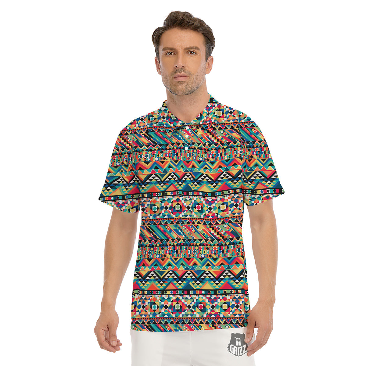 Geometric Aztec Colorful Print Pattern Men's Golf Shirts-grizzshop