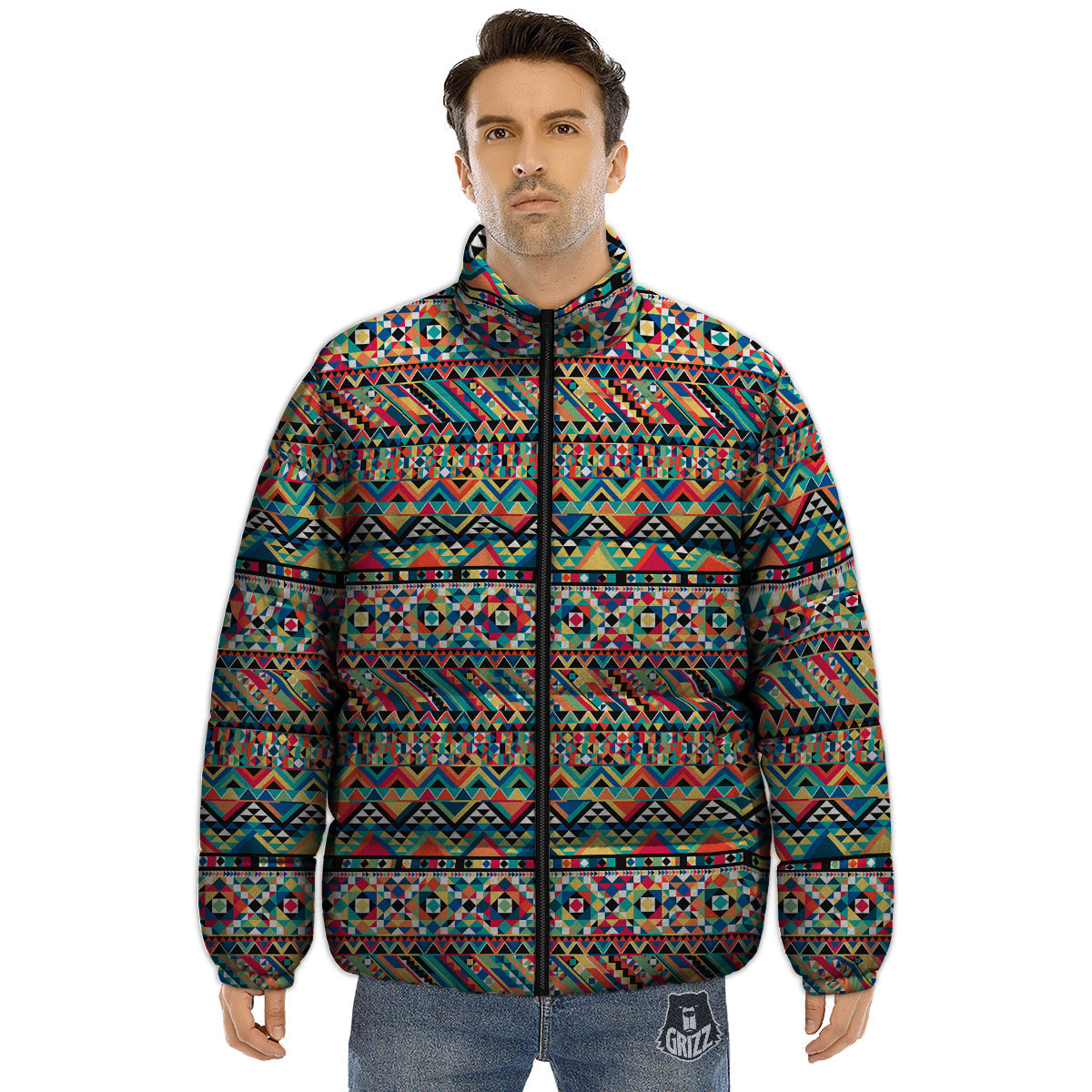 Geometric Aztec Colorful Print Pattern Puffer Jacket-grizzshop
