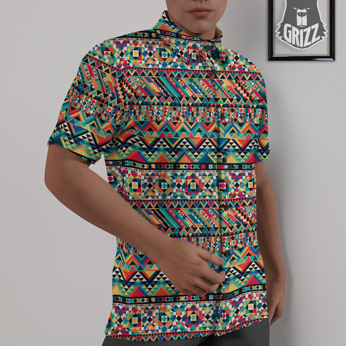 Geometric Aztec Colorful Print Pattern Untucked Shirts-grizzshop