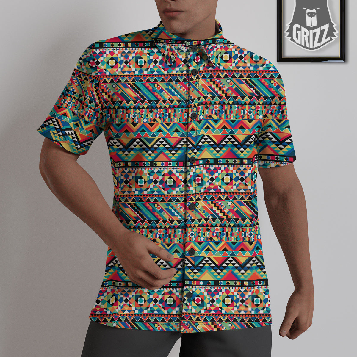 Geometric Aztec Colorful Print Pattern Untucked Shirts-grizzshop