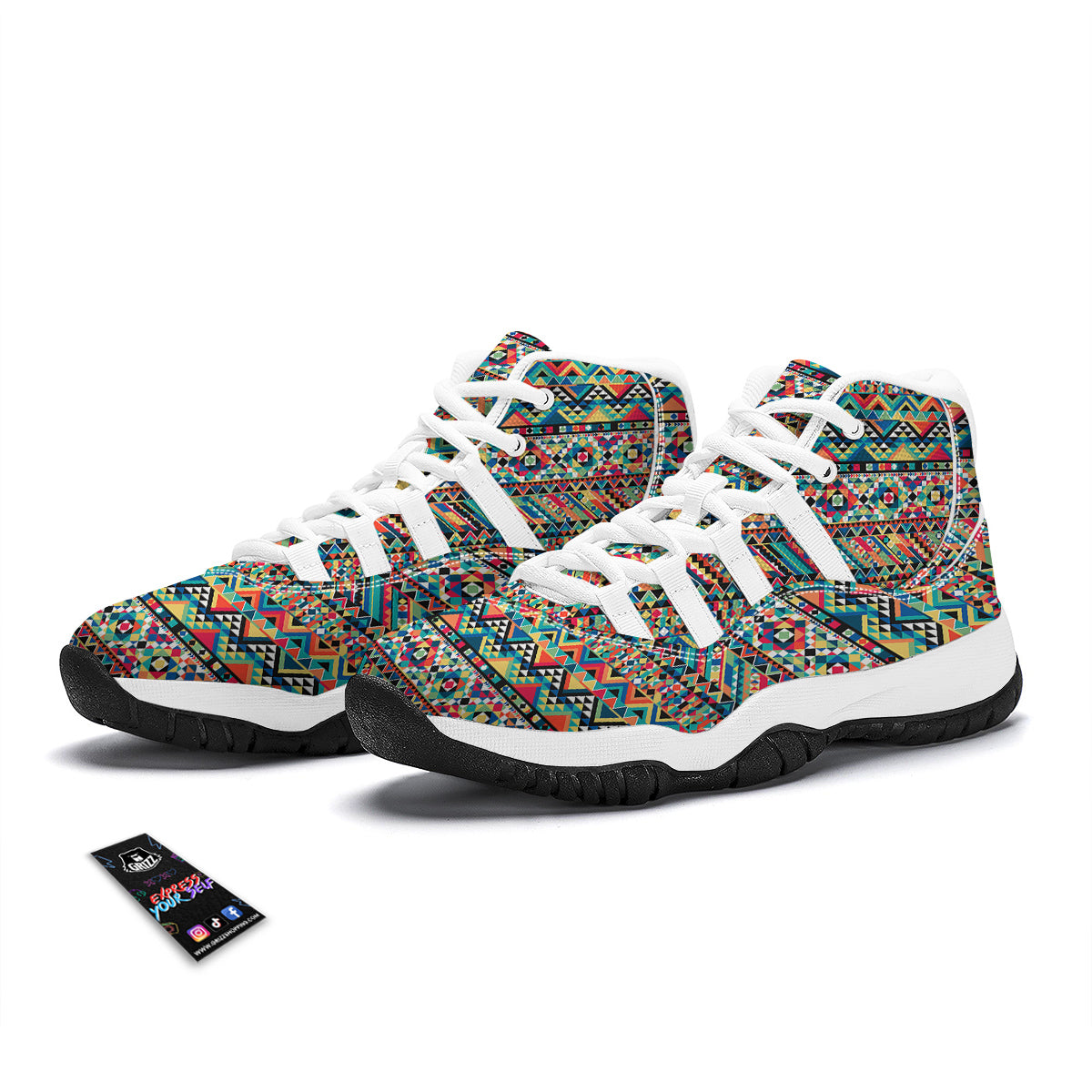 Geometric Aztec Colorful Print Pattern White Bball Shoes-grizzshop