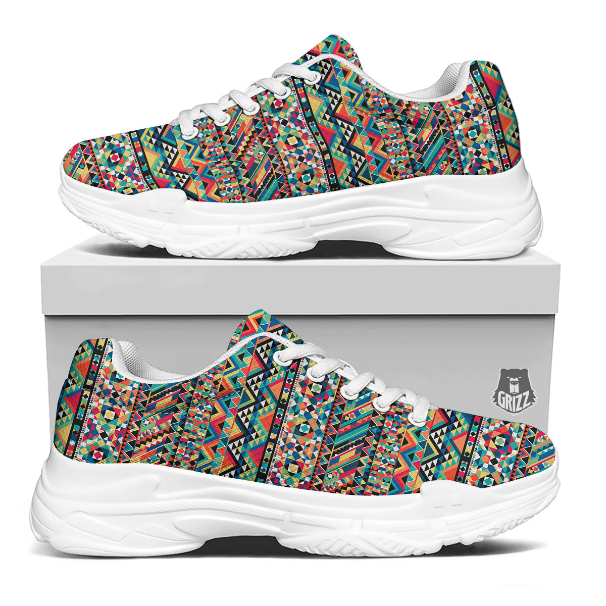 Geometric Aztec Colorful Print Pattern White Chunky Shoes-grizzshop