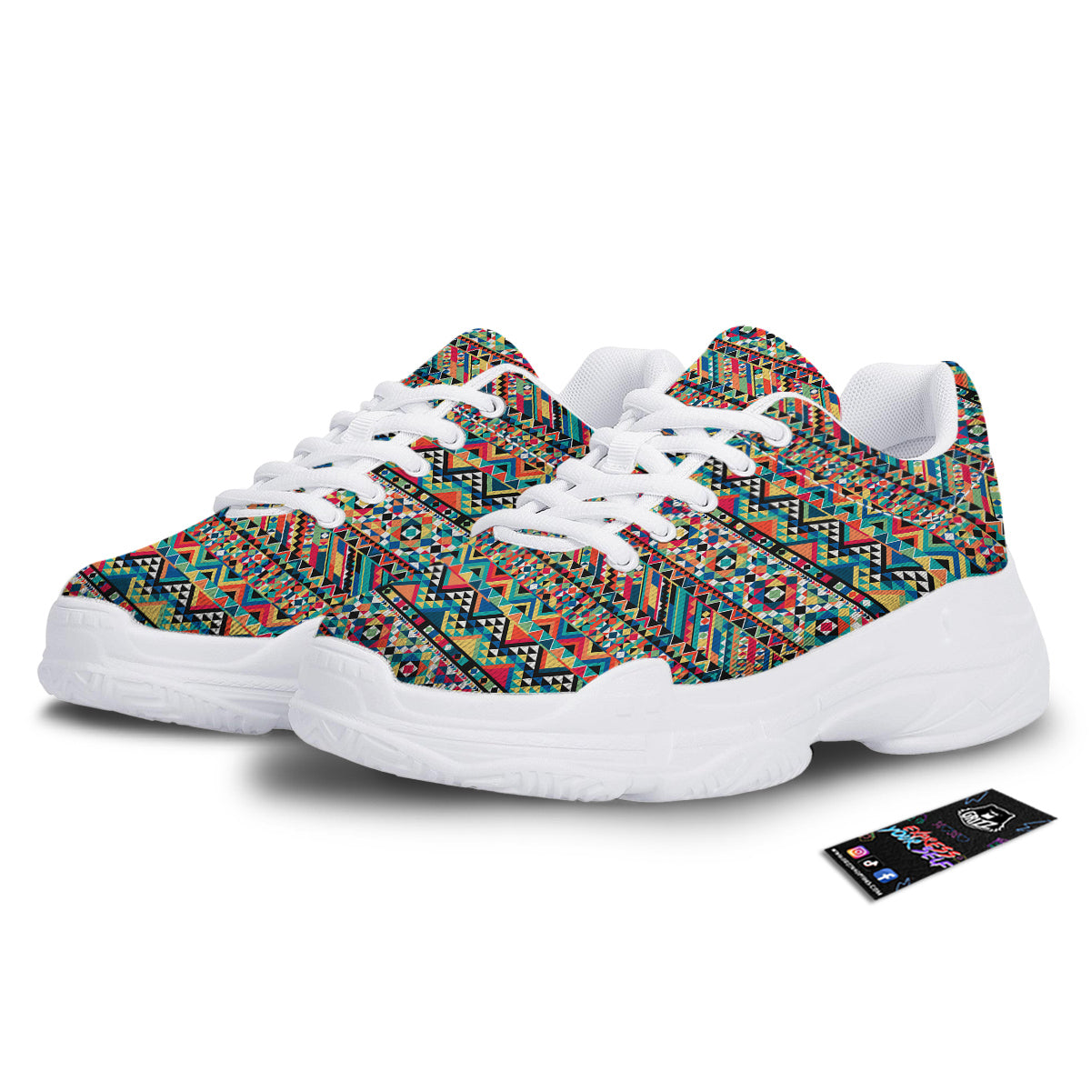 Geometric Aztec Colorful Print Pattern White Chunky Shoes-grizzshop