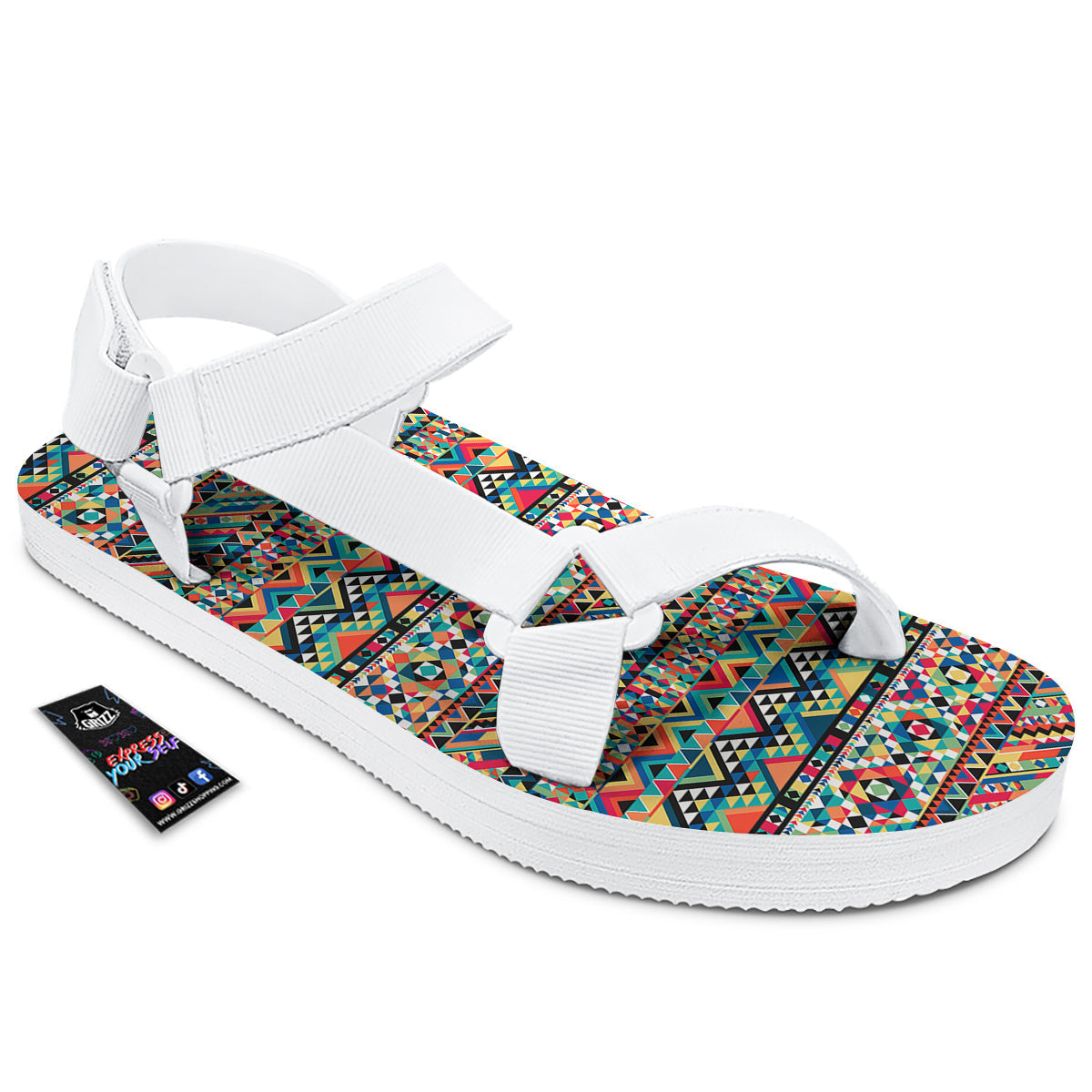 Geometric Aztec Colorful Print Pattern White Open Toe Sandals-grizzshop