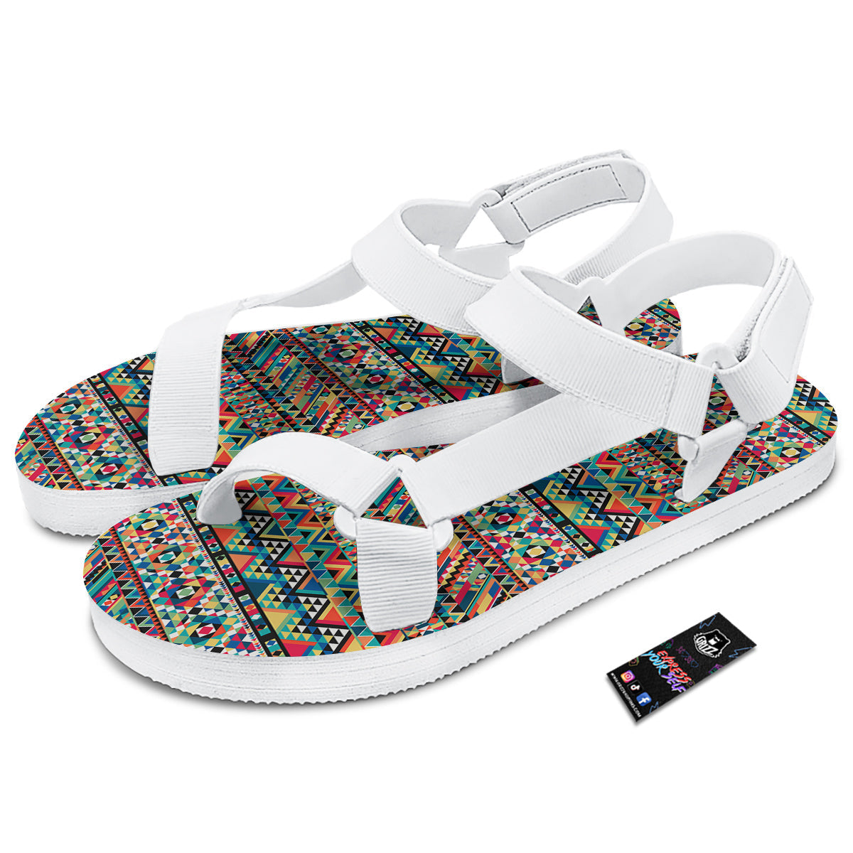 Geometric Aztec Colorful Print Pattern White Open Toe Sandals-grizzshop