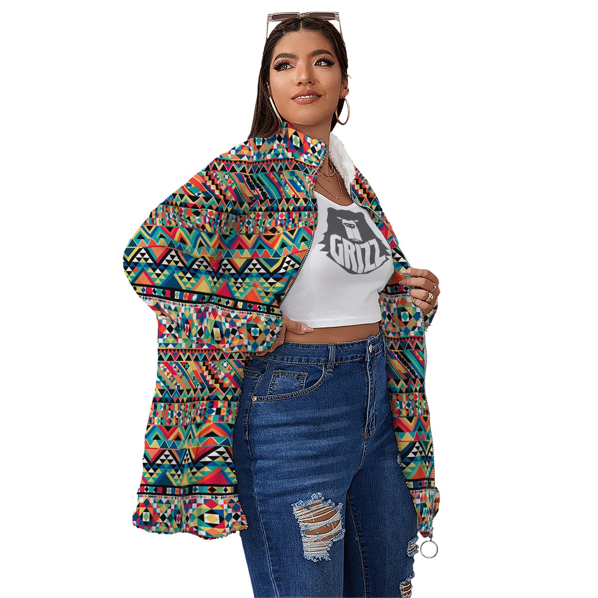 Geometric Aztec Colorful Print Pattern Women's Sherpa Jacket-grizzshop