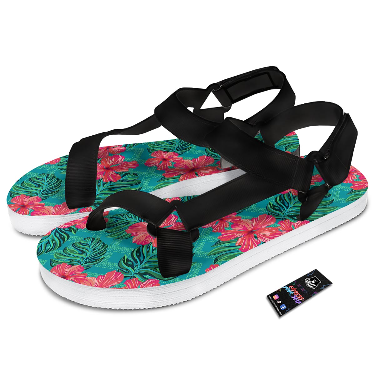 Geometric Aztec Tropical Print Pattern Black Open Toe Sandals-grizzshop