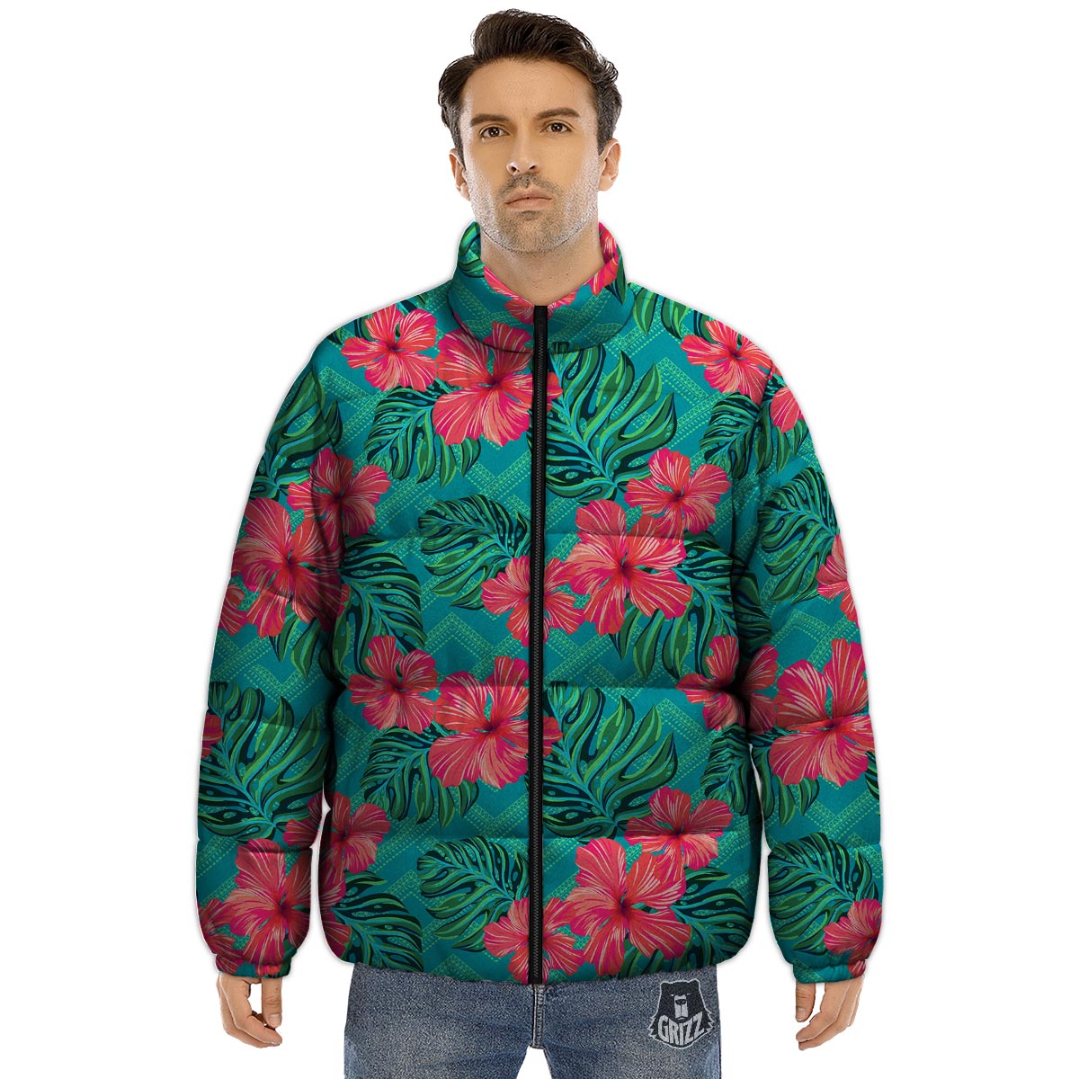 Geometric Aztec Tropical Print Pattern Puffer Jacket-grizzshop