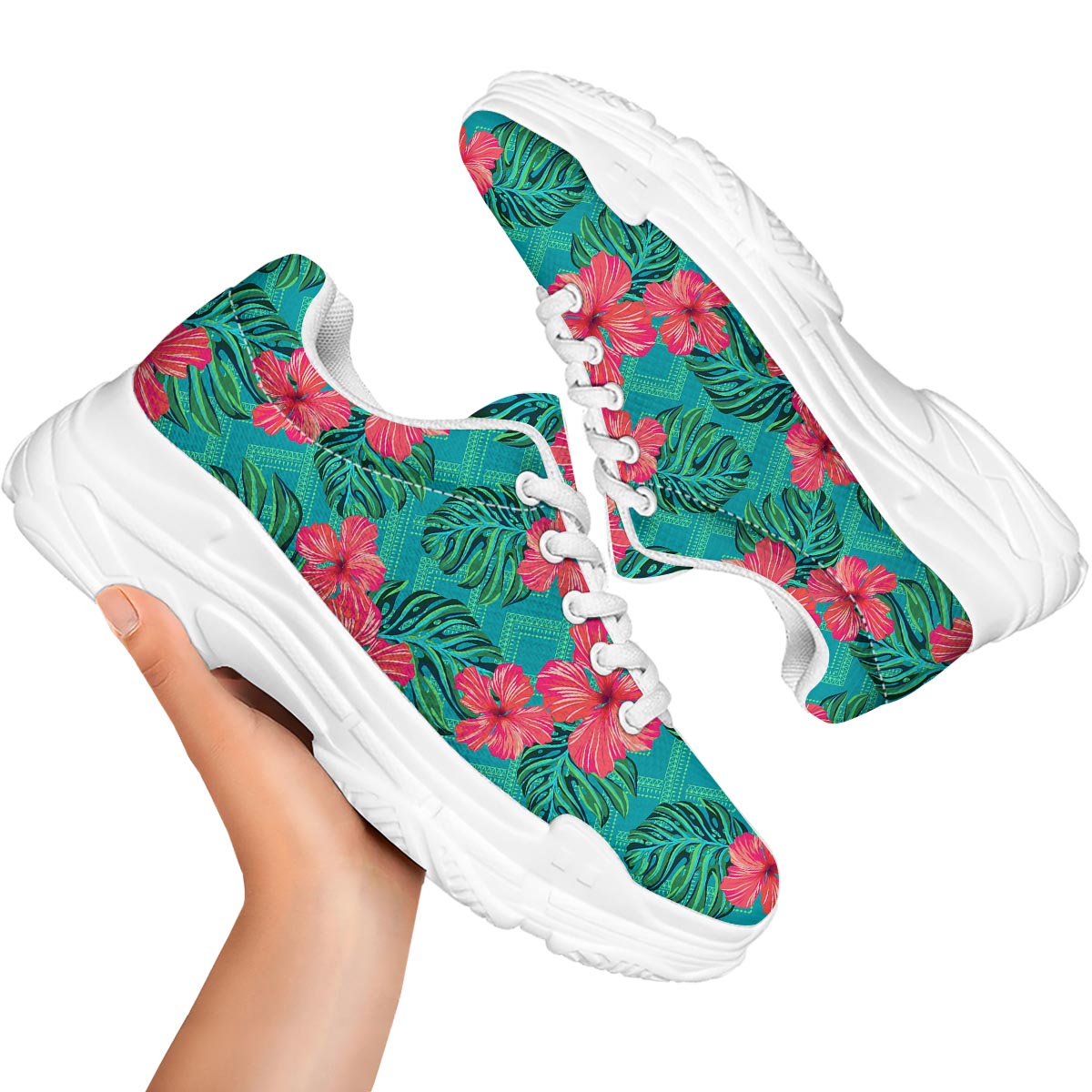 Geometric Aztec Tropical Print Pattern White Chunky Shoes-grizzshop