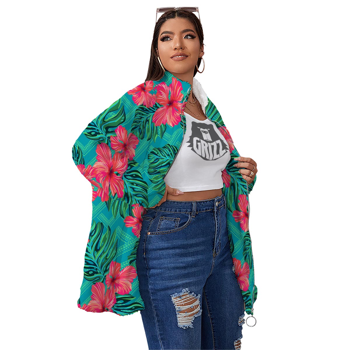 Geometric Aztec Tropical Print Pattern Women's Sherpa Jacket-grizzshop