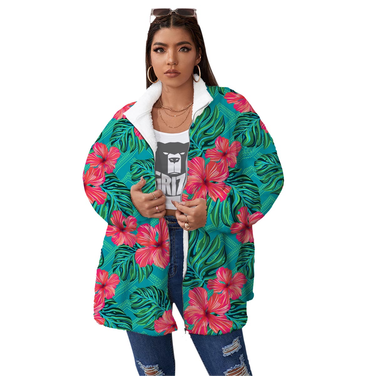 Geometric Aztec Tropical Print Pattern Women's Sherpa Jacket-grizzshop