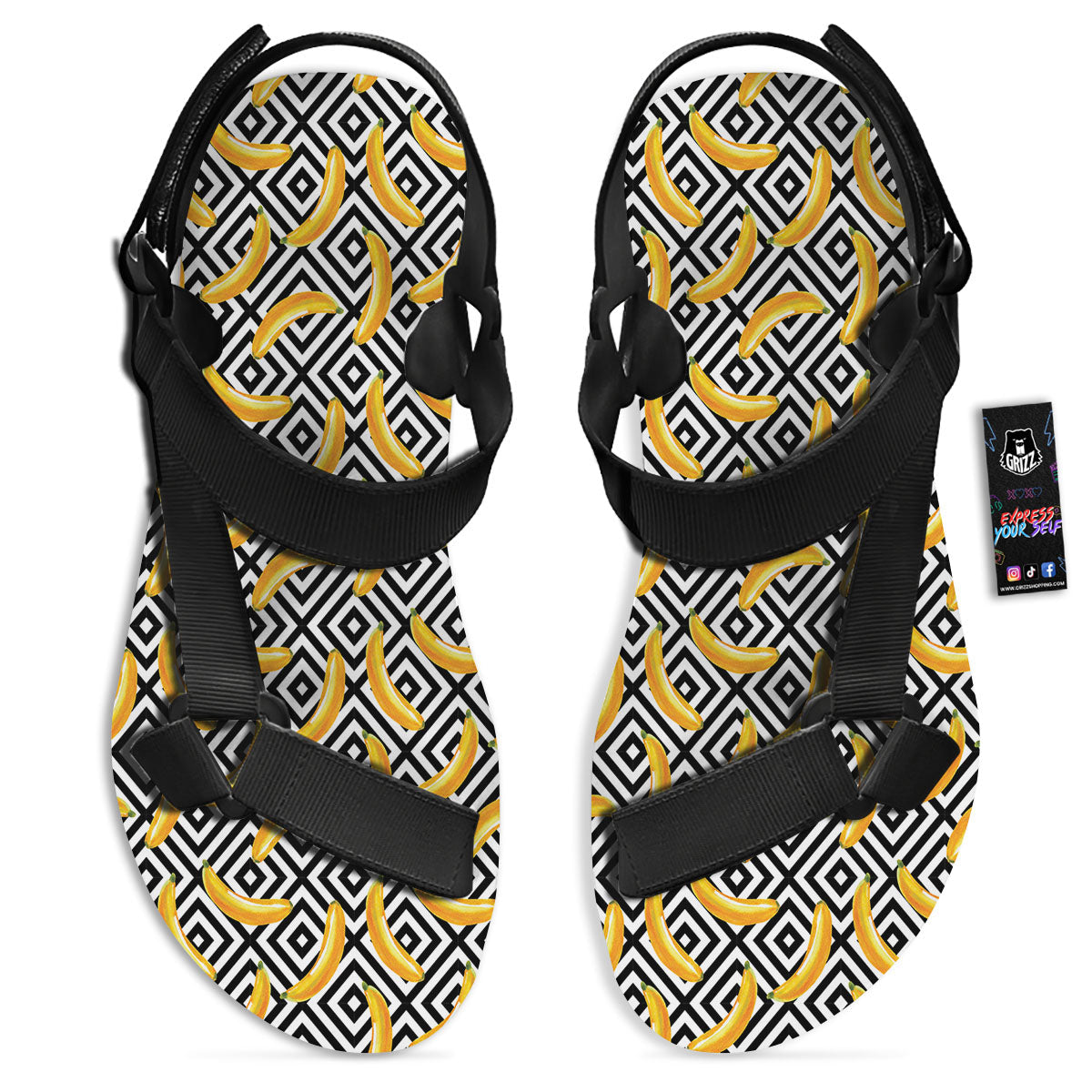 Geometric Banana White And Black Print Black Open Toe Sandals-grizzshop