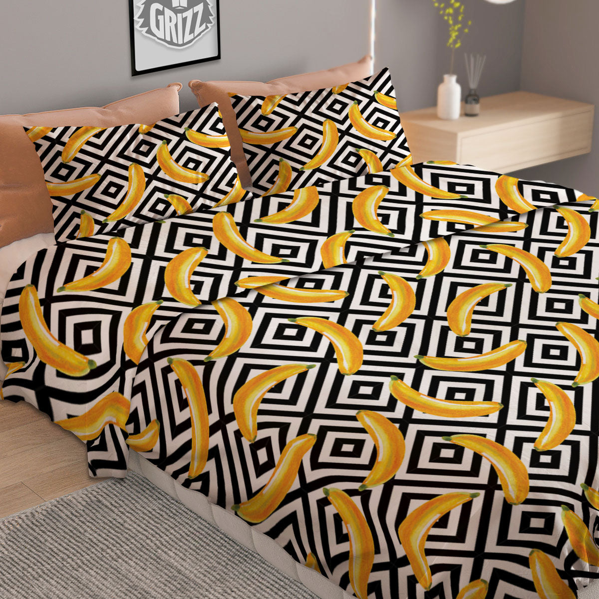 Geometric Banana White And Black Print Duvet Cover Bedding Set
