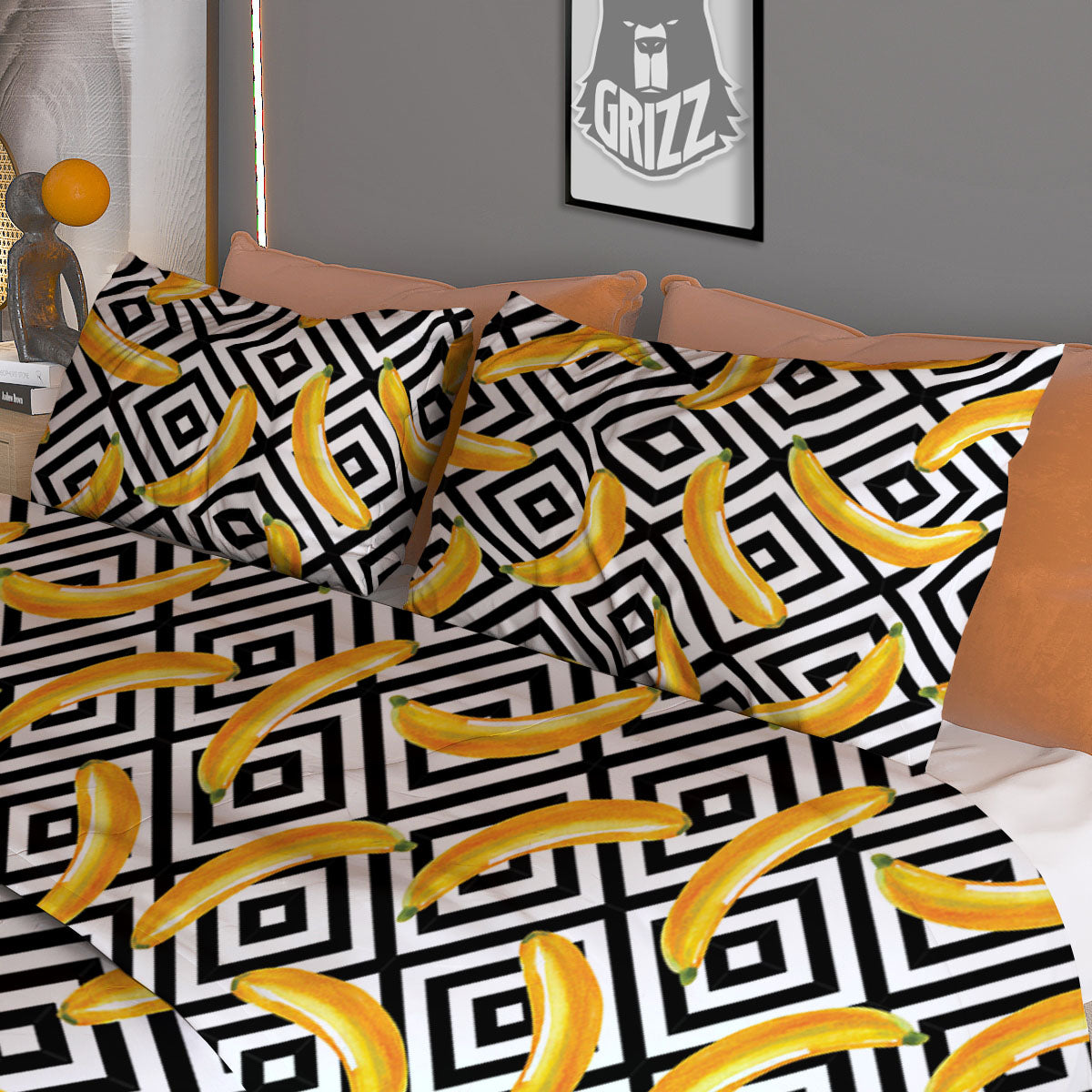 Geometric Banana White And Black Print Duvet Cover Bedding Set