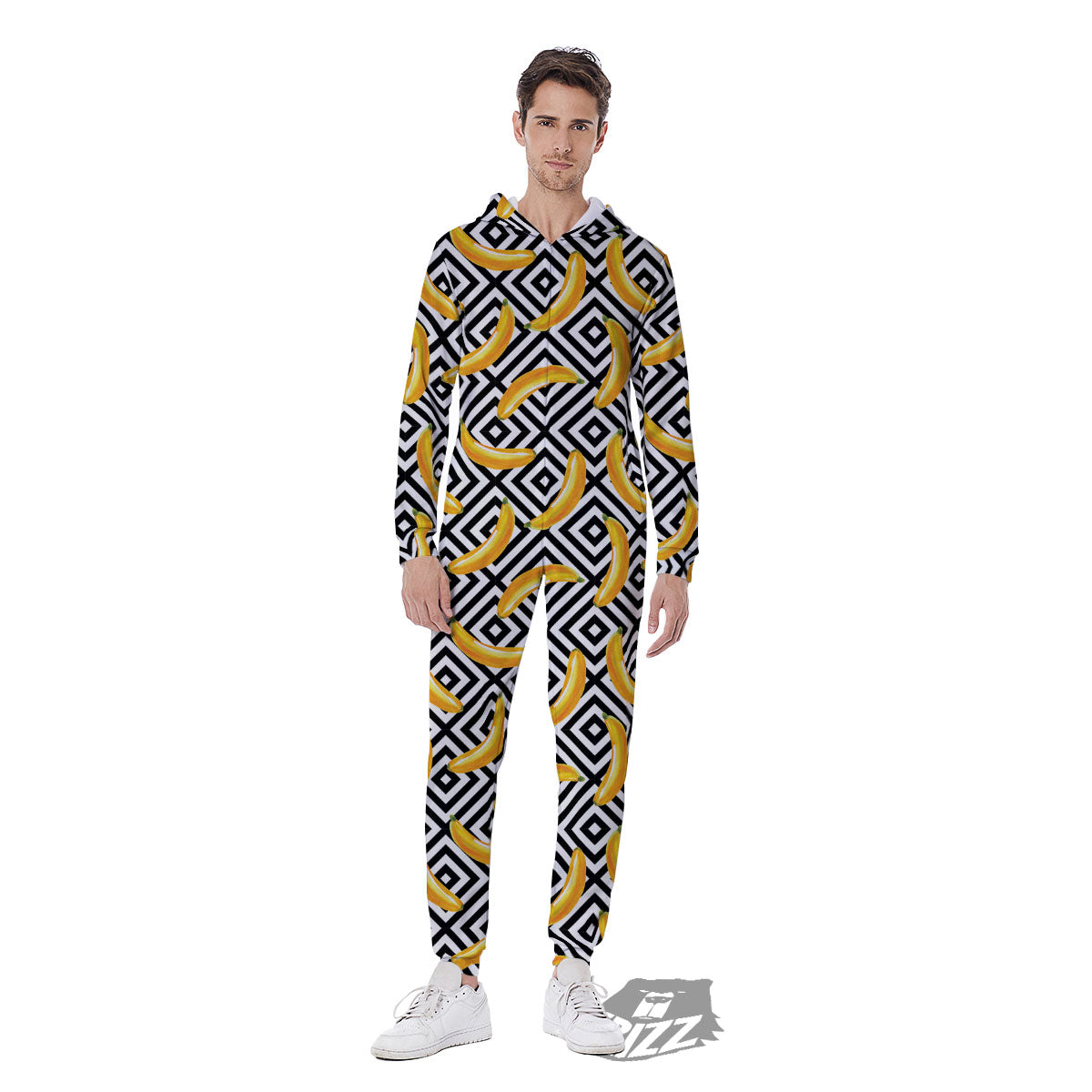 Geometric Banana White And Black Print Men's Jumpsuit-grizzshop