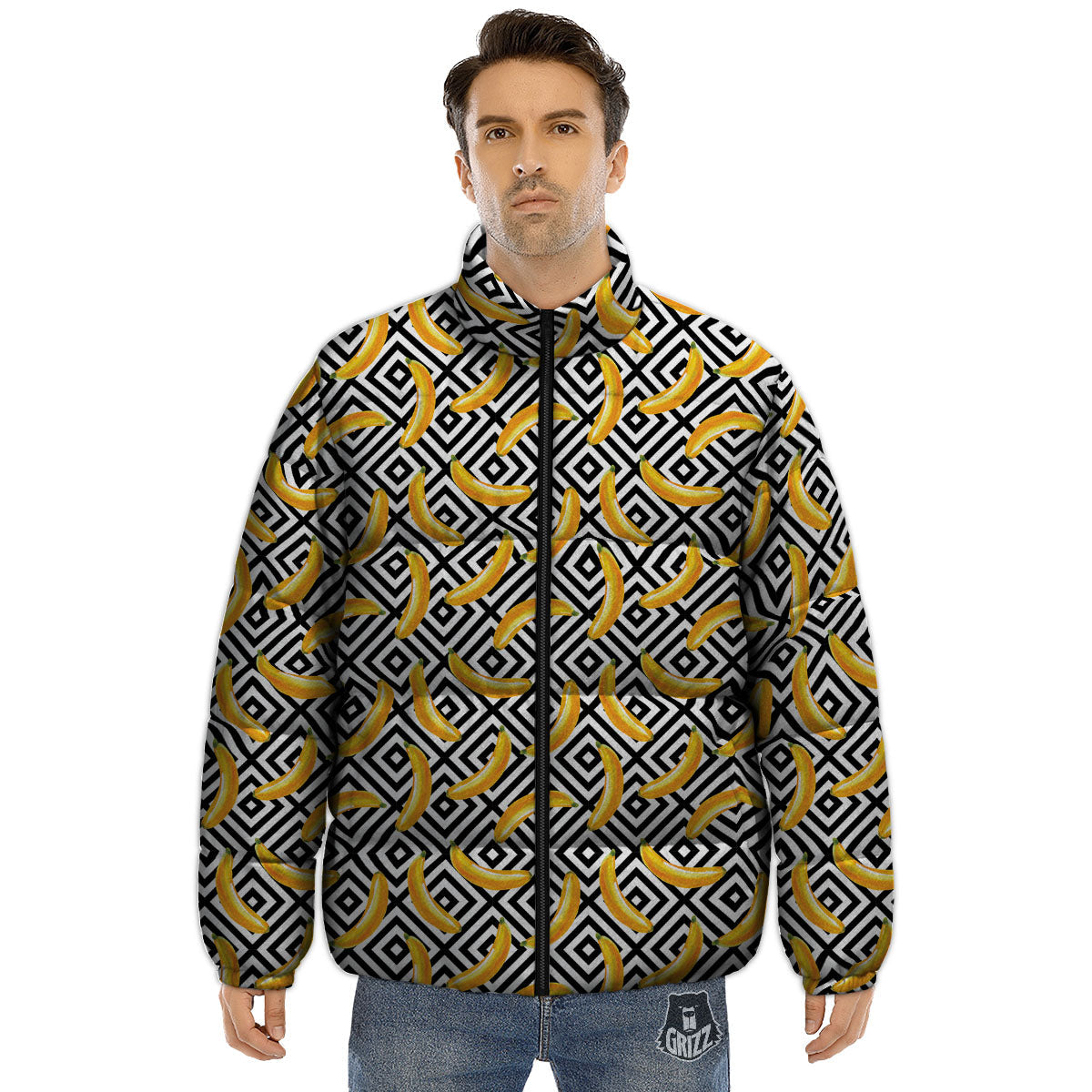 Geometric Banana White And Black Print Puffer Jacket-grizzshop