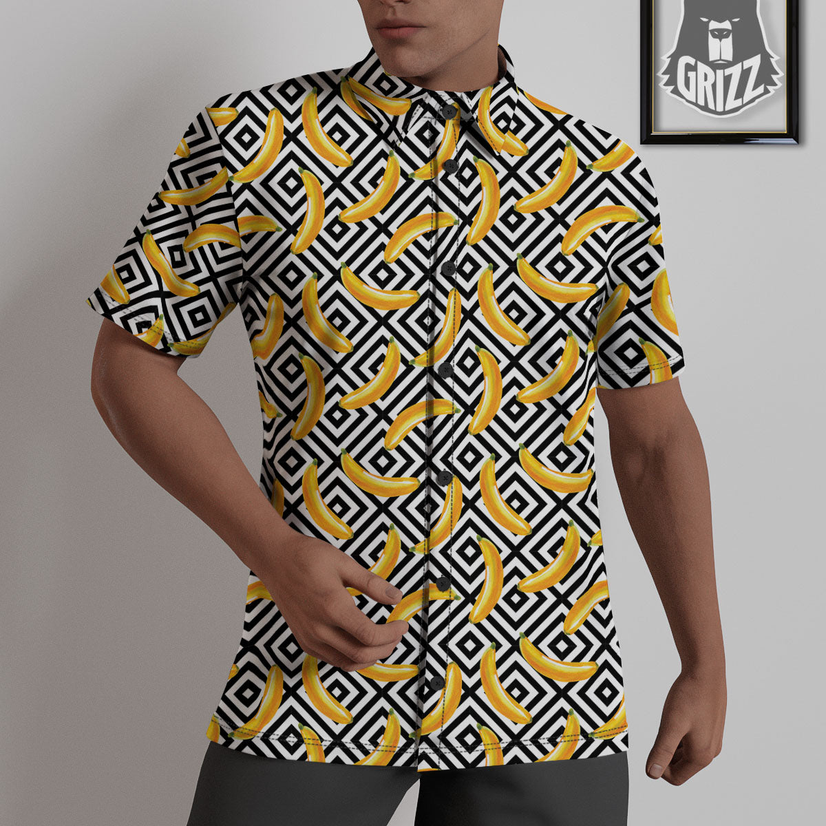 Geometric Banana White And Black Print Untucked Shirts-grizzshop