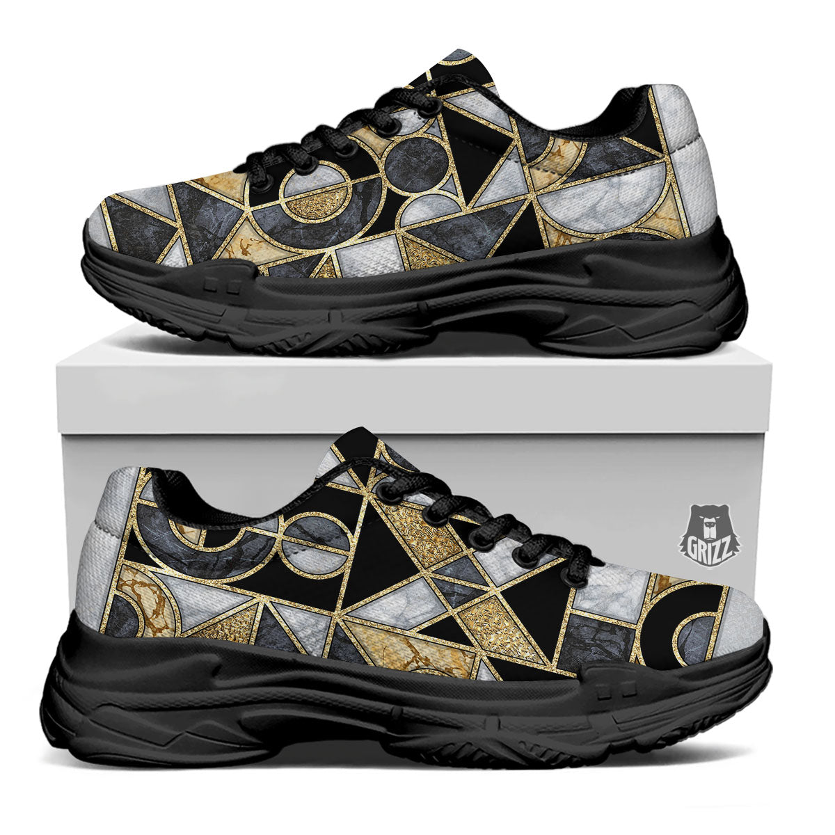Geometric Black Gold Marble Print Black Chunky Shoes-grizzshop