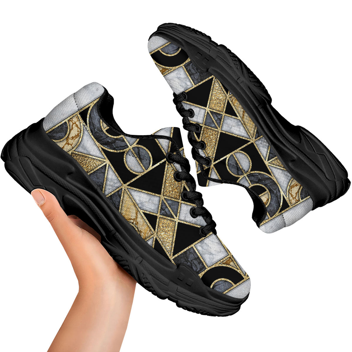 Geometric Black Gold Marble Print Black Chunky Shoes-grizzshop