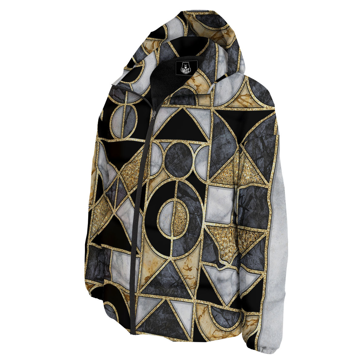 Geometric Black Gold Marble Print Down Jacket-grizzshop