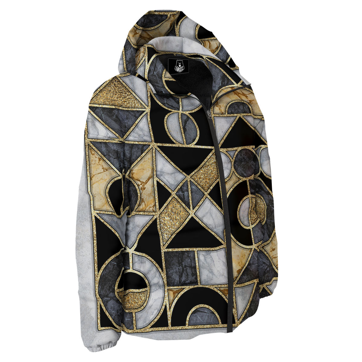 Geometric Black Gold Marble Print Down Jacket-grizzshop