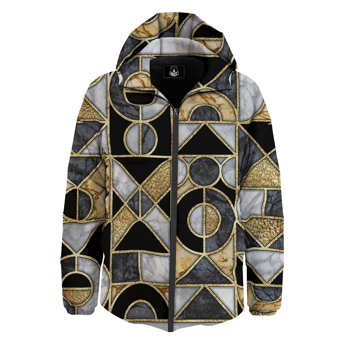 Geometric Black Gold Marble Print Down Jacket-grizzshop