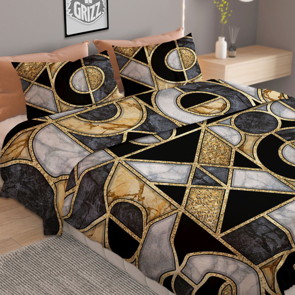 Geometric Black Gold Marble Print Duvet Cover Bedding Set