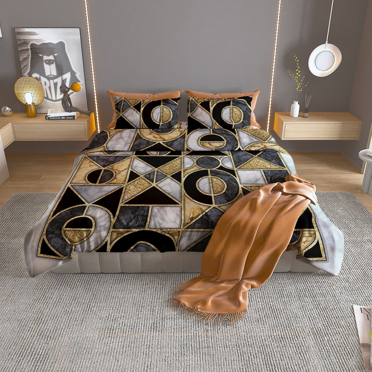 Geometric Black Gold Marble Print Duvet Cover Bedding Set