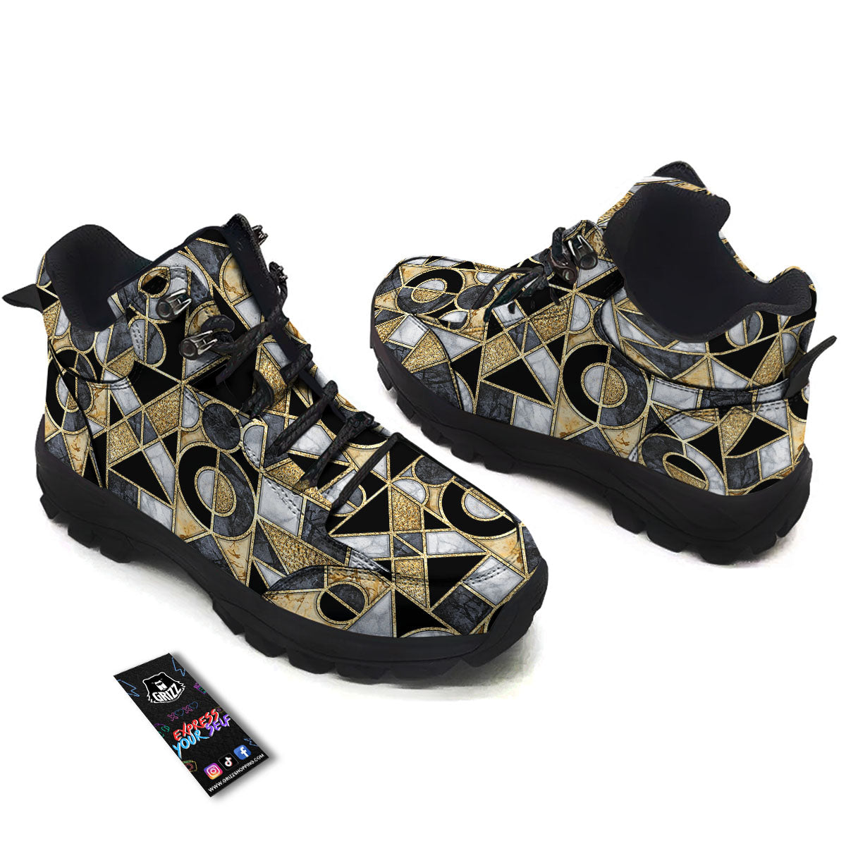 Geometric Black Gold Marble Print Hiking Shoes-grizzshop